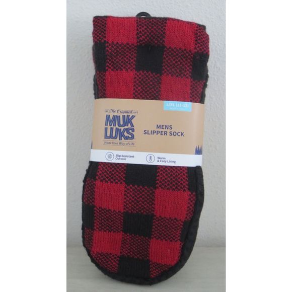 Muk Luks Men's Sz L/XL (11-13)  Red/Black Plaid Slip Resistant Slipper Socks - Picture 1 of 4